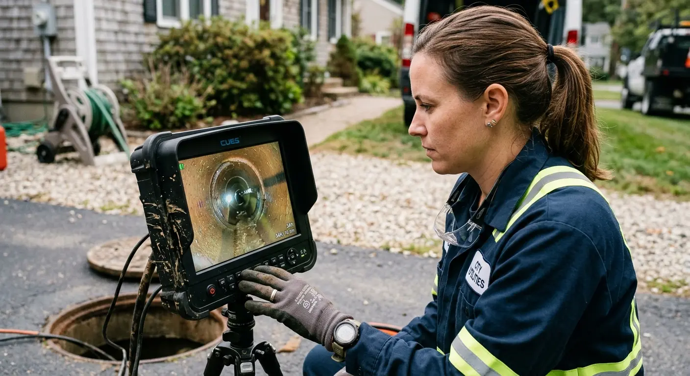 Technician reviewing sewer camera inspection footage in Owego