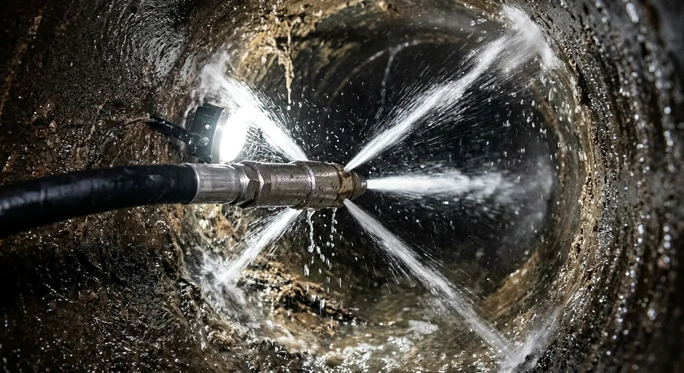 High-pressure hydro jetting nozzle cleaning sewer pipe for Trenchless Sewer Repair in Owego