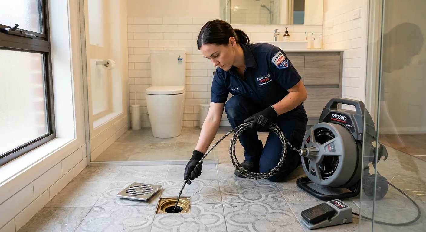 Technician clearing a bathroom floor drain for Drain Repair in Owego